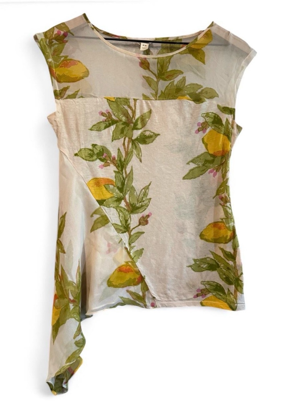 Anthropologie Lemon Print Asymmetrical Sheer Yoke Top - Yellow/Green